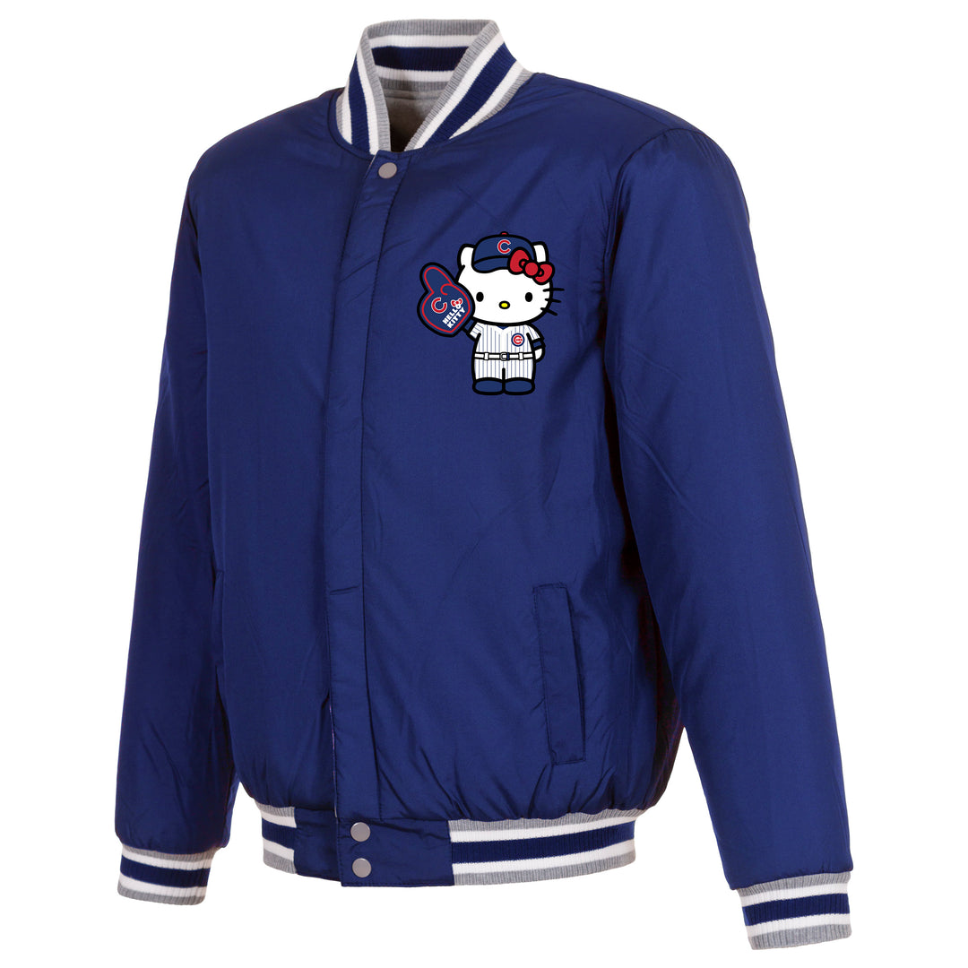 Chicago Cubs x Hello Kitty Reversible Bomber Jacket in Gray by JH Design Group Bomber Jacket JH DESIGN GROUP
