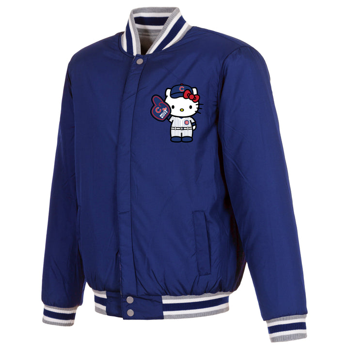 Chicago Cubs x Hello Kitty Reversible Bomber Jacket in Gray by JH Design Group Bomber Jacket JH DESIGN GROUP